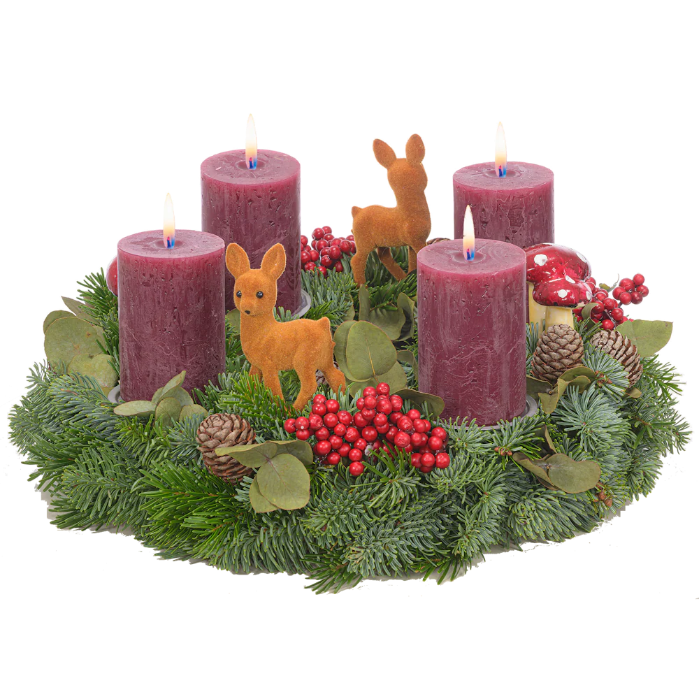 Adventskranz 35 cm Nobilis und Eucalyptus mit rustikalen Kerzen in bordeaux