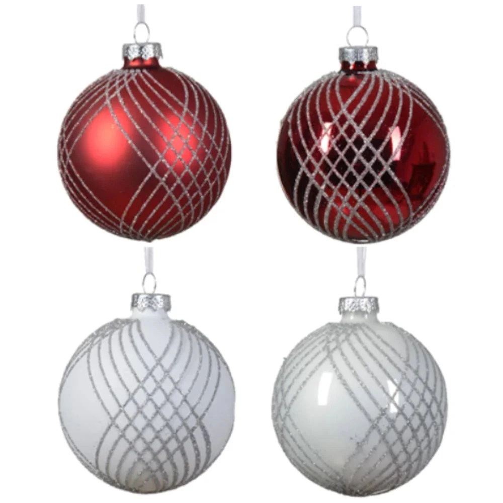 Weihnachtskugel aus Glas Rot & Silber 8 cm 12er Set